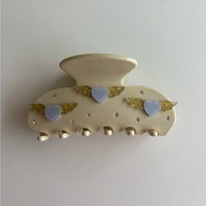 Cream Heart Wing Hair Claw Clip with Pastel Blue Accents